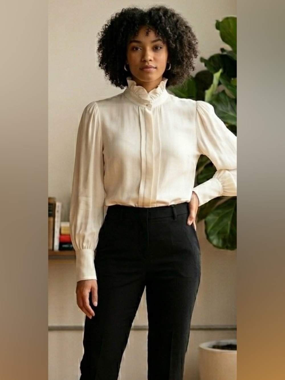 Lauren Ralph Lauren Ivory 100% Silk Blouse Size 10 Ruffle High Neck Elegant Top